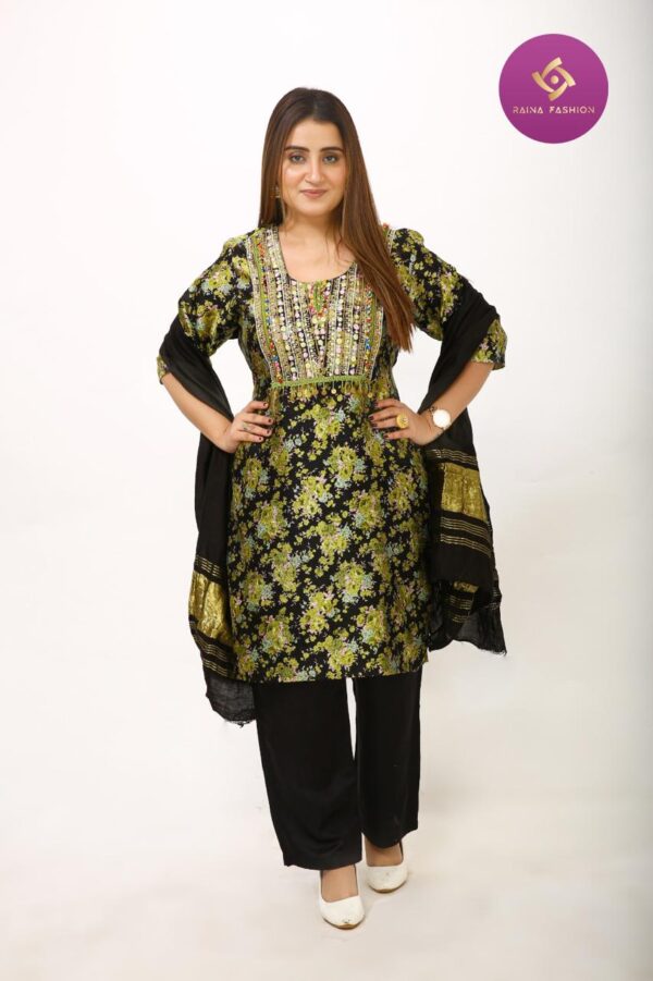 Black & Olive Floral Mirror Work Kurta Set - Image 4