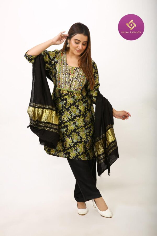 Black & Olive Floral Mirror Work Kurta Set - Image 2
