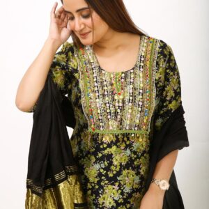 Black & Olive Floral Mirror Work Kurta Set