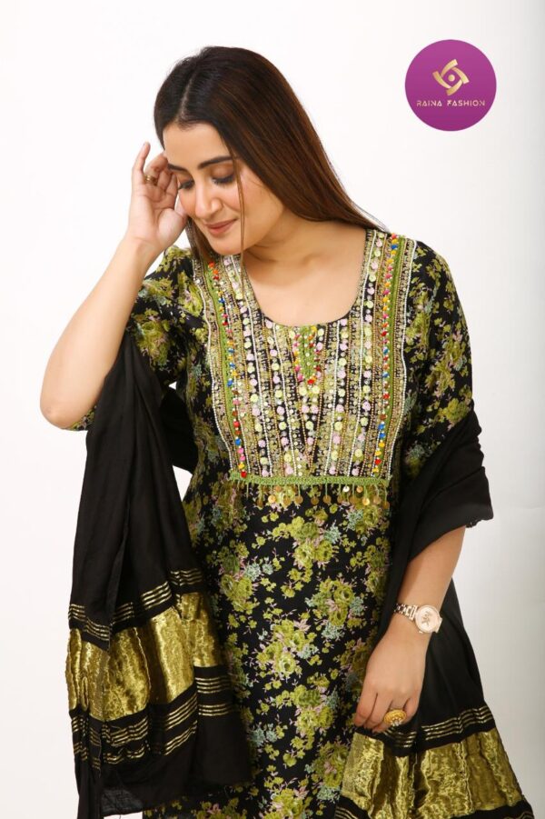 Black & Olive Floral Mirror Work Kurta Set