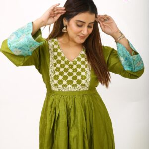 Olive Green Flared Embroidered Kurta Set